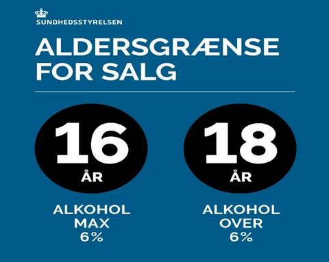 Sundhedsstyrelsens skilt: aldersgrænse for salg – 16 år ved alkohol max 6 procent, 18 år ved alkohol over 6 procent